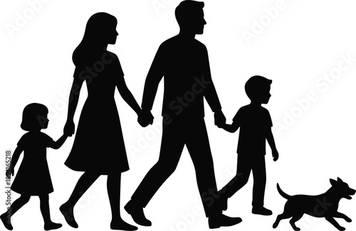 Silhouettes of family walking with dog, black figures, parents and children holding hands, outdoor activity, unity, companionship, white background