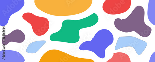 Modern seamless abstract camouflage pattern. Vibrant, organic, flowing blob shapes background in bright primary colors on a white field.