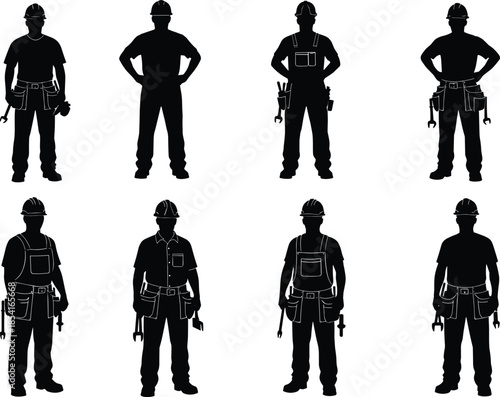 Silhouettes of construction workers in hard hats with tool belts, wrenches, screwdrivers, and diverse occupational poses on site
