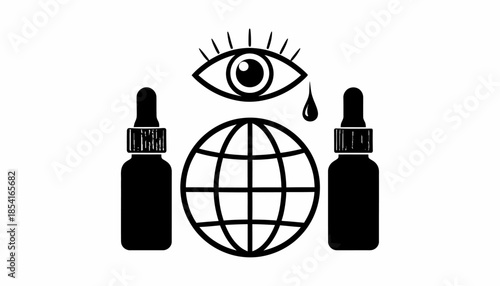 Eye with tear drop above globe and two bottles illustration.