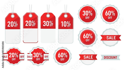 Vector  illustration of Collection of vibrant red sale tags and labels displaying various discount percentages for promotions