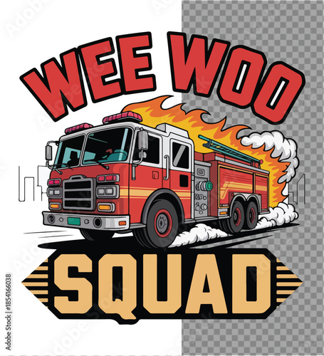  A stylized illustration of a vibrant red firetruck, prominently displaying WEE WOO SQUAD text and dynamic flames, epitomizing the spirit of emergency response.