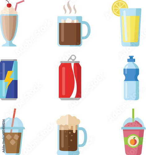 Assorted Beverage Icons Set Featuring Milkshake, Hot Chocolate, Juice, Soda, Water, Beer, Coffee, Smoothie and More