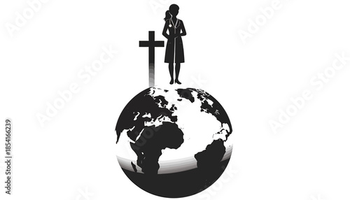 Silhouette of a girl standing on a globe with a cross.