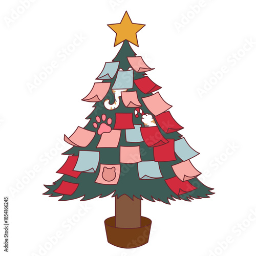 Christmas tree decorated with colorful sticky notes cat icons and star topper