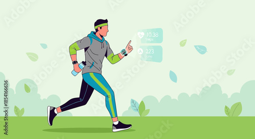 Dynamic vector illustration portraying a runner monitoring health metrics in a park setting