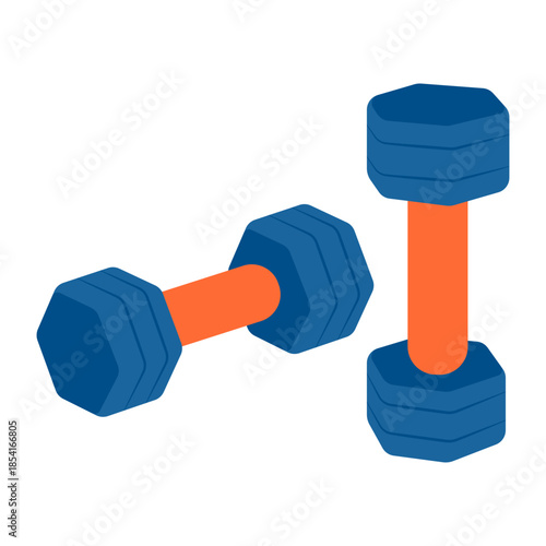 Blue and orange pair of dumbbells for sport exercise. Equipment for strength training workout. Flat vector illustration isolated on white background.