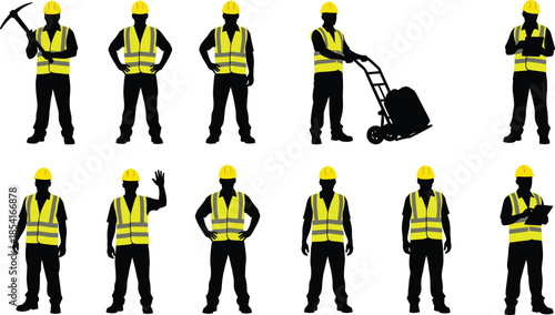 Silhouettes of construction workers in safety vests and hard hats performing diverse tasks, teamwork, tools, and occupational site activities
