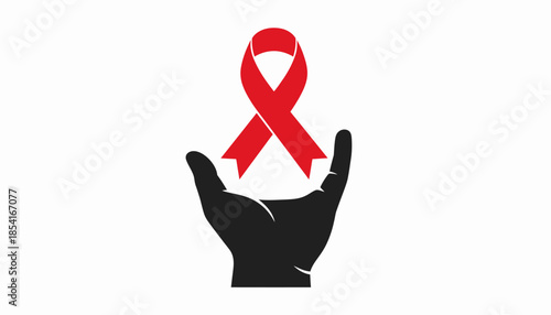 Red ribbon in hand, symbol of AIDS awareness and support.