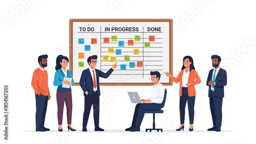 Diverse business team collaborating on agile project management with a kanban board, organizing tasks, tracking progress, and fostering efficient workflow in a modern office environment