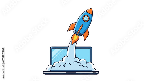 Vibrant cartoon illustration depicting a rocket launching from a laptop screen, symbolizing rapid digital startup, quick technological advancement, and accelerated business growth