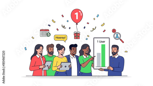 Diverse Team Celebrates Achieving First User Milestone with Festive Balloons and Confetti, Symbolizing Business Growth and Successful Customer Acquisition