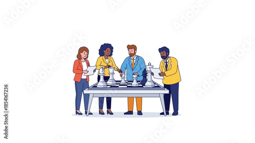Diverse business team collaboratively strategizing around a chessboard, symbolizing intelligent planning, problem-solving, and successful teamwork for corporate growth and innovation
