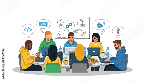Dynamic Team of Developers and Creatives Collaborating on Software Development Projects and Brainstorming Innovative Solutions in a Modern Office Setting