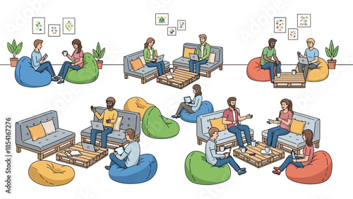 Dynamic illustration capturing diverse teams working and collaborating in a modern, flexible office environment with casual seating and digital devices