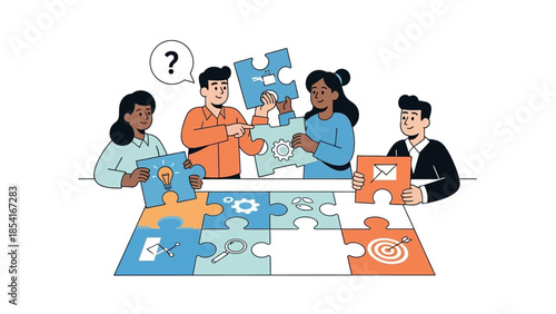 Dynamic team collaborates on a jigsaw puzzle, symbolizing strategic problem-solving, unified effort, and innovative idea generation for achieving common business goals and success