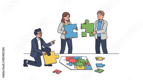 Teamwork in action Business professionals collaborating to assemble a colorful jigsaw puzzle, representing strategic problem-solving, collective effort, and achieving a shared vision