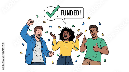 Diverse Group of Young Entrepreneurs Joyfully Celebrating Successful Project Funding with Confetti, Symbolizing Teamwork, Achievement, and Business Growth Milestones