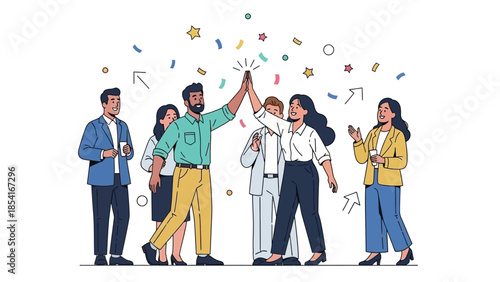 Diverse business team celebrates successful project completion with high-fives and confetti, symbolizing collaborative achievement, joy, and triumph in a vibrant workplace illustration