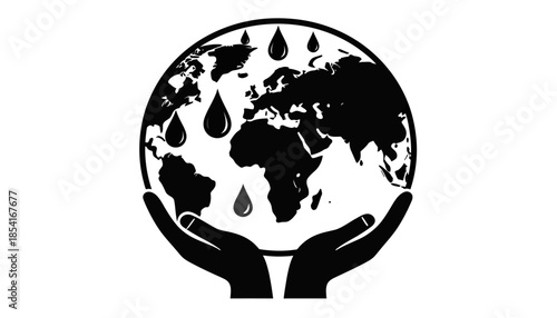 Hands holding the world with water drops, symbolizing environmental protection and sustainability.