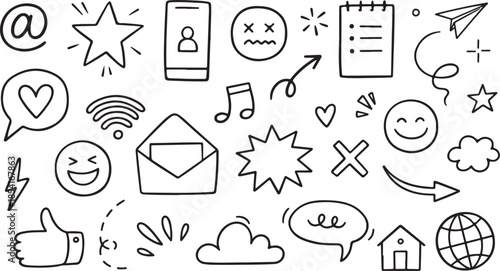 Emoji media hand drawn doodle icon set. Internet conversation, media outline tech emoji, star, arrow shape line art black and white background vector icon set blank background 