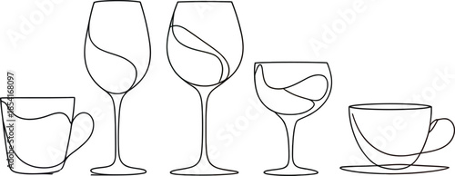 Collection of stylized line art beverage glassware and cups for drinks, perfect for menu design or artistic representation