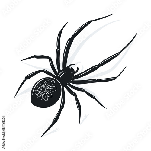 Black widow spider with distinctive white floral pattern