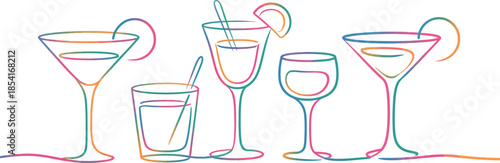Colorful paper clips scattered on a white background create a vibrant party design featuring pink martini glass vectors and cold beverage icons for a celebration