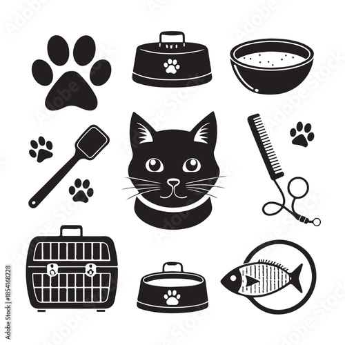 Black and white cat care icons set with paw prints and accessories