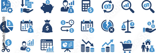 Collection of blue and dark blue finance and business icons representing various concepts like money saving growth planning analysis and investment goals