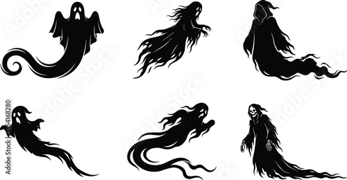 Halloween ghost silhouette set, spooky flying spirits, horror fantasy illustration collection black