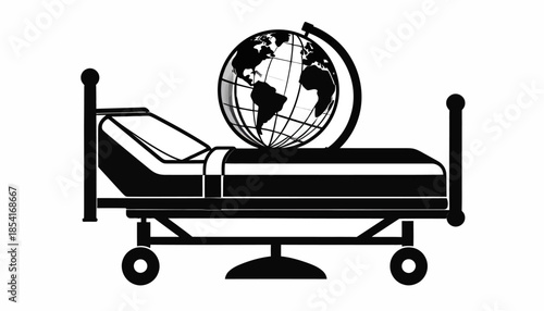 Conceptual illustration of global health crisis with a bed and globe.