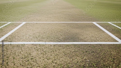Close up of cricket pitch with white lines and dry cracked earth | Cricket, pitch, wicket, field, sports, game.