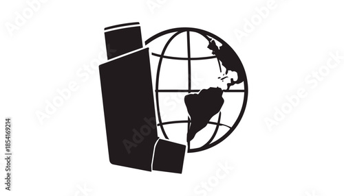 Asthma inhaler with globe icon for global respiratory health awareness.