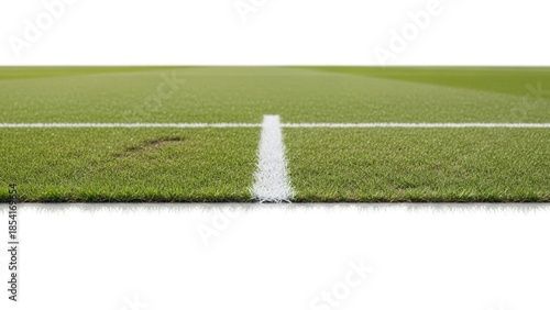 Close-up of green grass cricket pitch with white line isolated background | Cricket, pitch, wicket, field, sports, game.