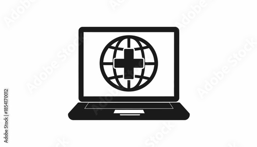 Online medical consultation concept with a laptop and a globe with a cross symbol.