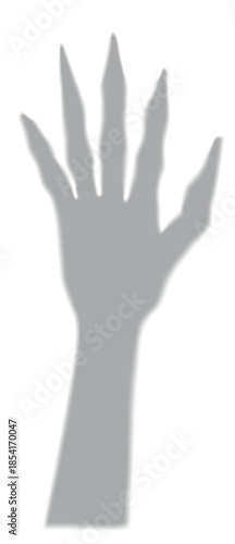 Gray creepy shadow of zombie hand with long fingers and nails, overlay effect, blurry shape.