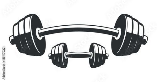 a detailed black and white illustration showcases a barbell and a pair of dumbbells representing strength training and fitness equipment