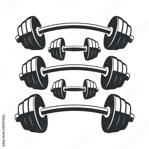 A monochrome graphic illustration showcases various barbell and dumbbell weights arranged in a stacked configuration emphasizing fitness and strength training equipment