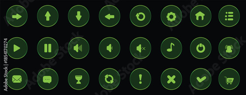 Glowing green user interface icons set for modern digital applications and websites