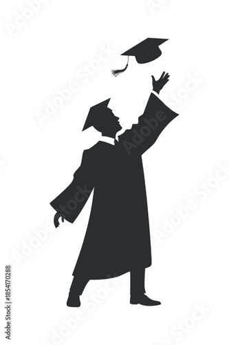 A celebratory silhouette depicts a student triumphantly tossing their graduation cap into the air marking the completion of their academic journey