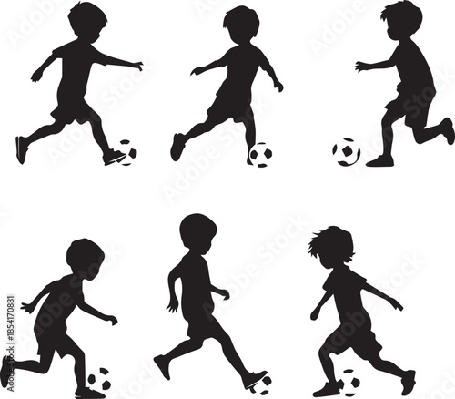 Young Soccer Players in Action: Silhouette of young children actively playing soccer, showcasing their love for the sport and the joy of teamwork.