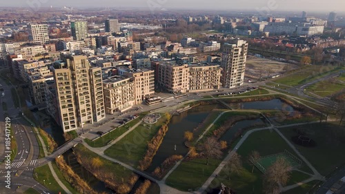 Aerial view of Holland Park Diemen, new, emerging neighbourhood on the edge of Amsterdam, The Netherlands