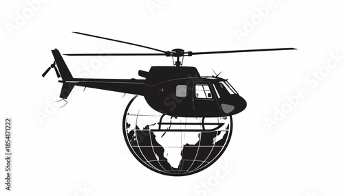 Helicopter flying over the world globe vector illustration.