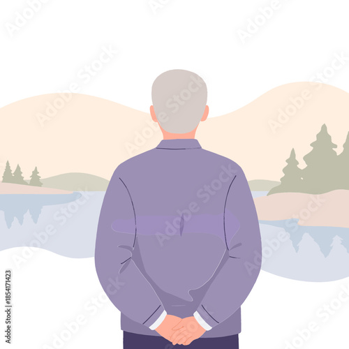 Elderly man near riverbank. Senior sitting by lake. Older man enjoying nature. Elderly hiker resting by water. Elderly set