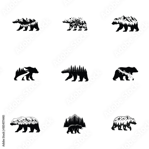 Bear Silhouette Nature Emblem Set with Mountains and Forest Double Exposure Style.