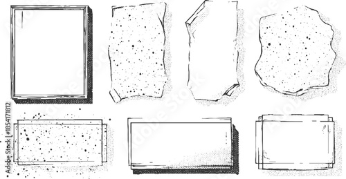 Collection of hand drawn black ink frames and textured shapes on white background border grunge