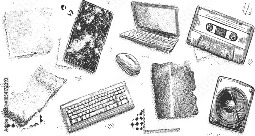 Vintage technology and office supplies scattered on a white background with textured laptop