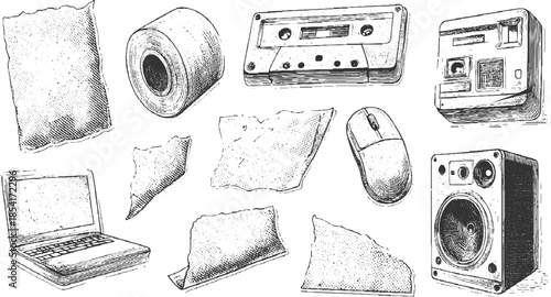 Vintage technology and paper scraps with halftone dots roll tape cassette computer