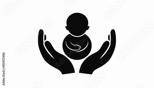 Hands holding baby silhouette illustration representing care and protection.